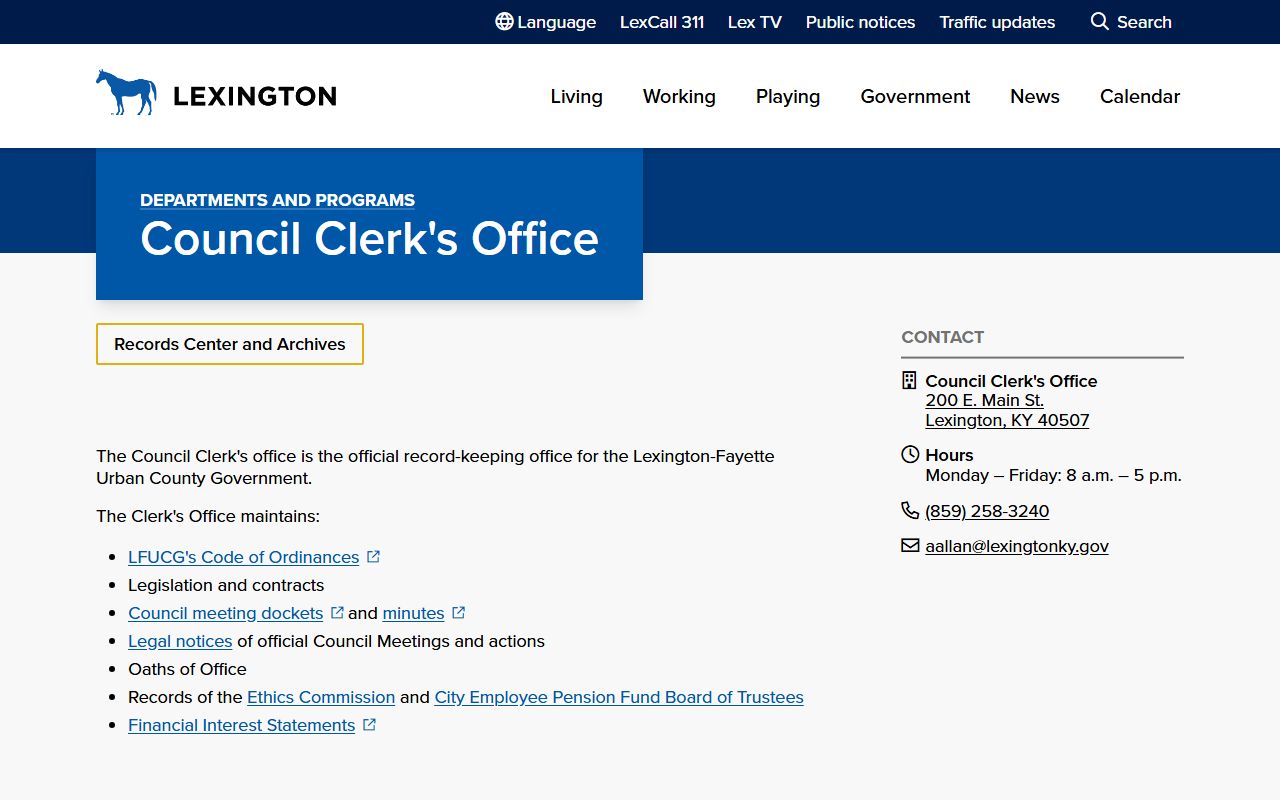 Lexington city services page showing vital records information