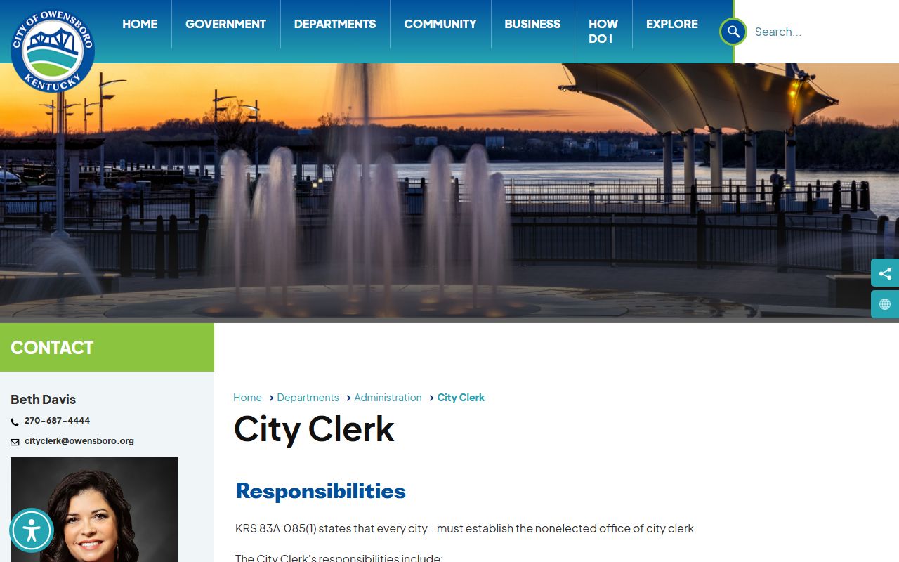 Owensboro city services page with public records information