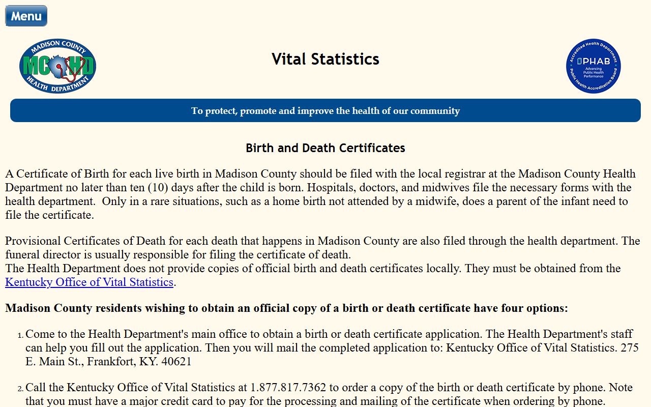 Madison County Health Department vital statistics page