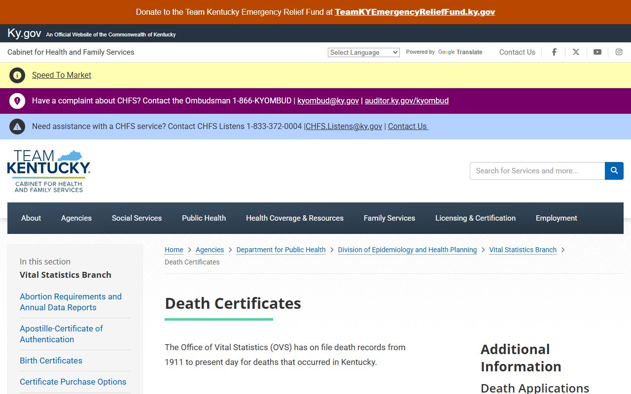 Kentucky death certificates information page showing requirements