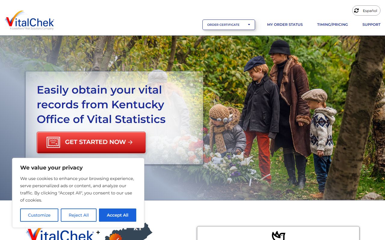 VitalChek online ordering page for Kentucky death certificates